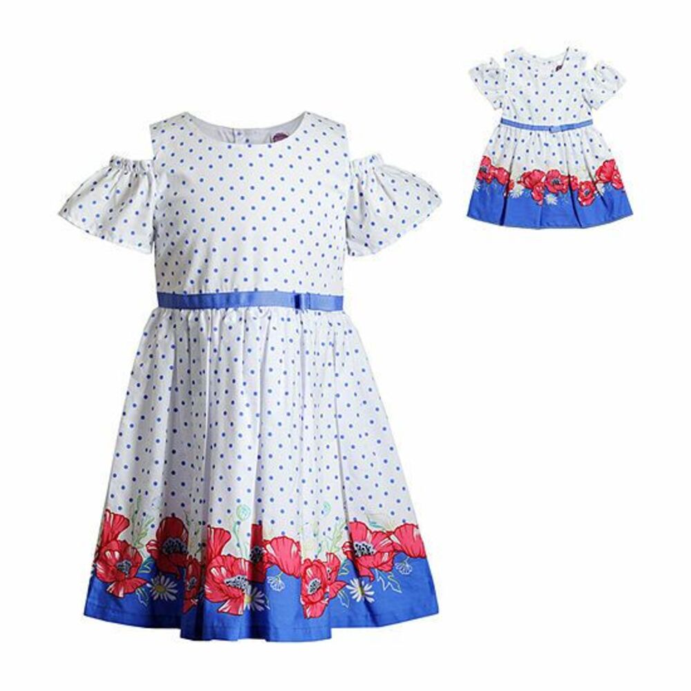 Dollie and Me Dress White Blue Floral Open Shoulder Short Sleeves Size 4 NWT